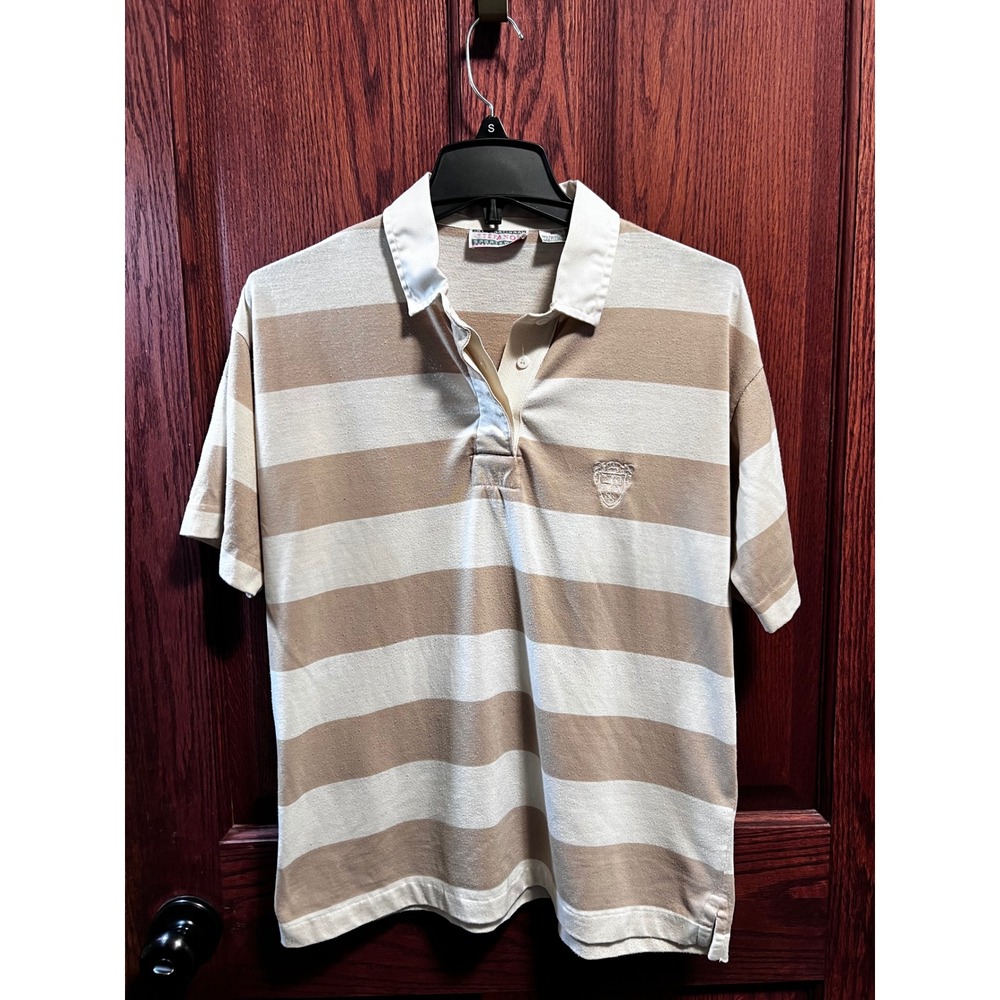 VTG Stefano International Striped Rugby Polo Shirt Short Sleeve Top Beige‎ M